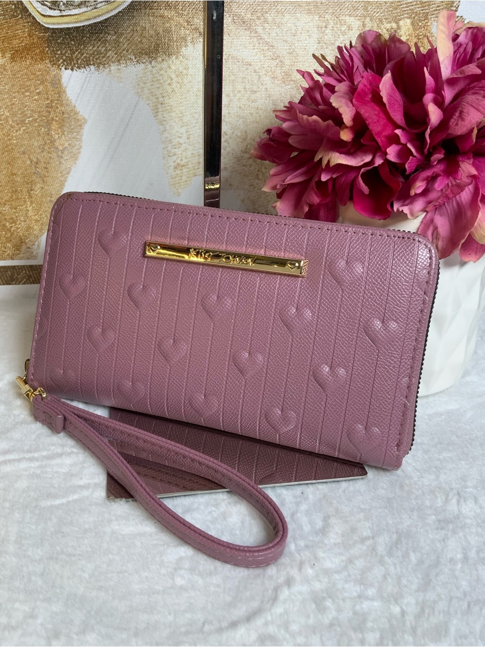 Betsey Johnson Mauve Pink Heart-Embossed Zip Wristlet with Gold Plaque